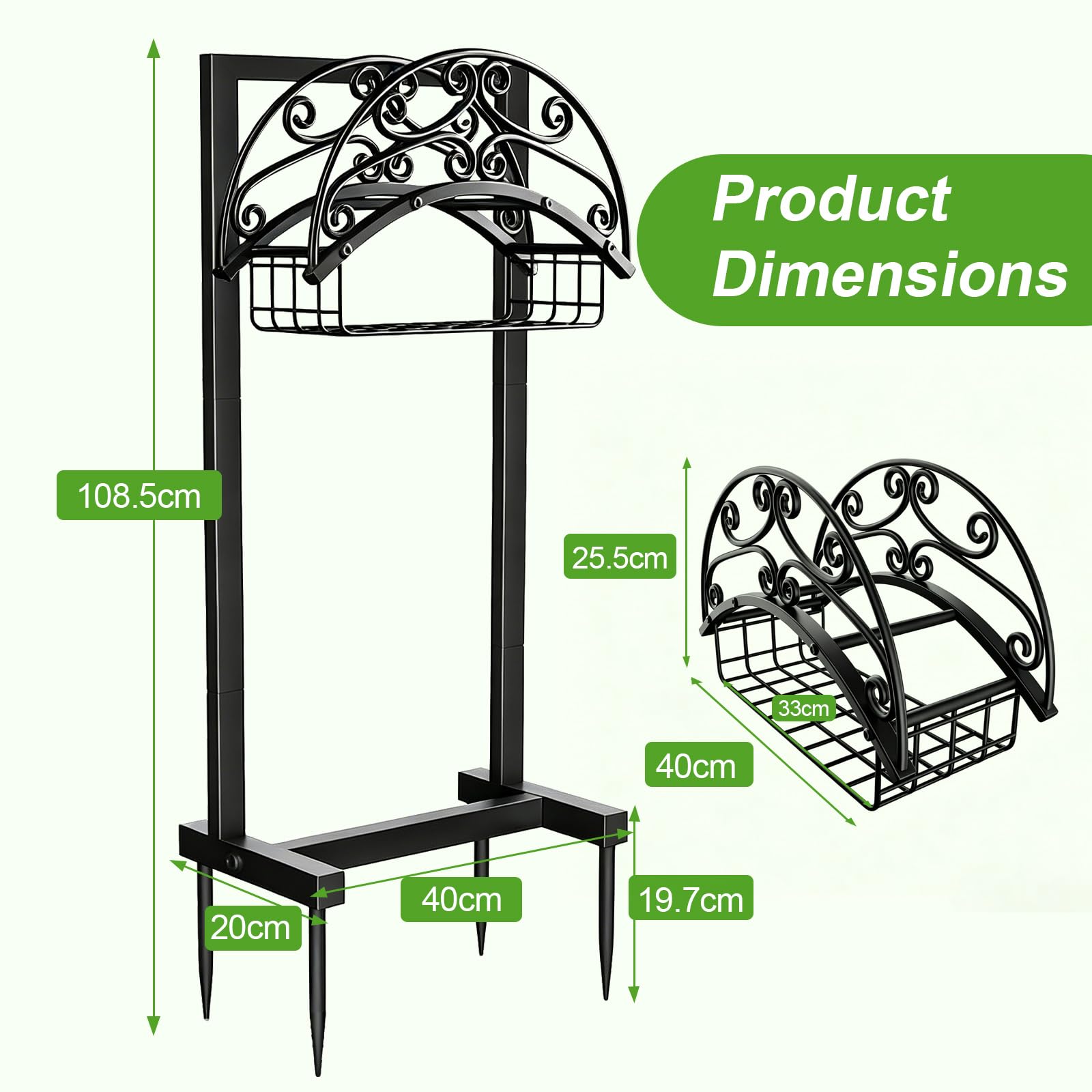 Uchwyt na wąż ogrodowy, 108,5 cm, wytrzymały metalowy uchwyt na rurę węża, do 45 m, zdejmowany organizer do przechowywania węża wodnego, stojak z koszem do przechowywania, na zewnątrz