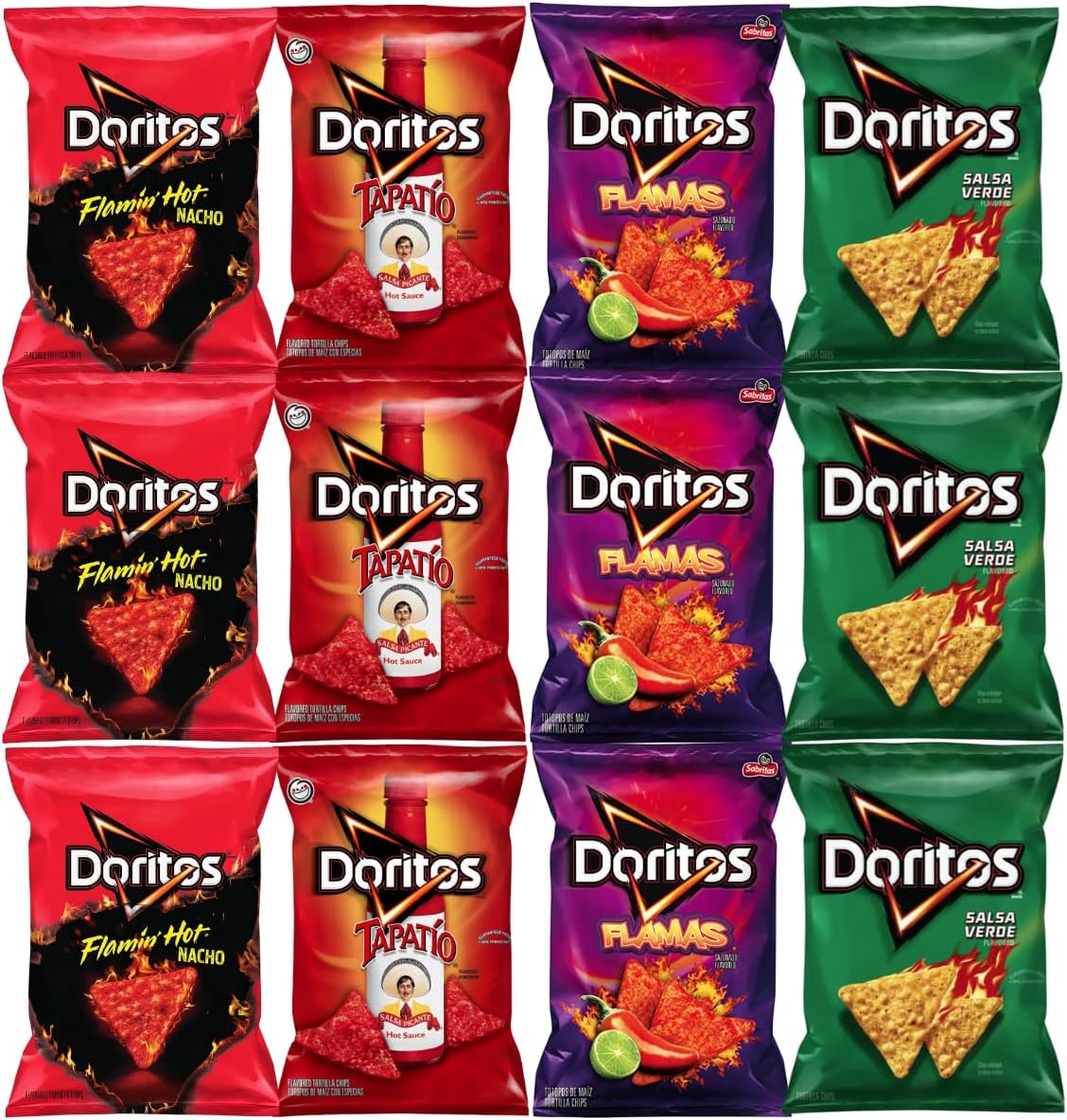 Doritos Hot & Spicy Variety Pack 12 Count, 2.5 oz each (3x Doritos Flamin Hot Nacho Cheese, 3x Doritos Tapatio, 3x Doritos Flamas, 3x Doritos Salsa Verde) great for family, school, office snacks