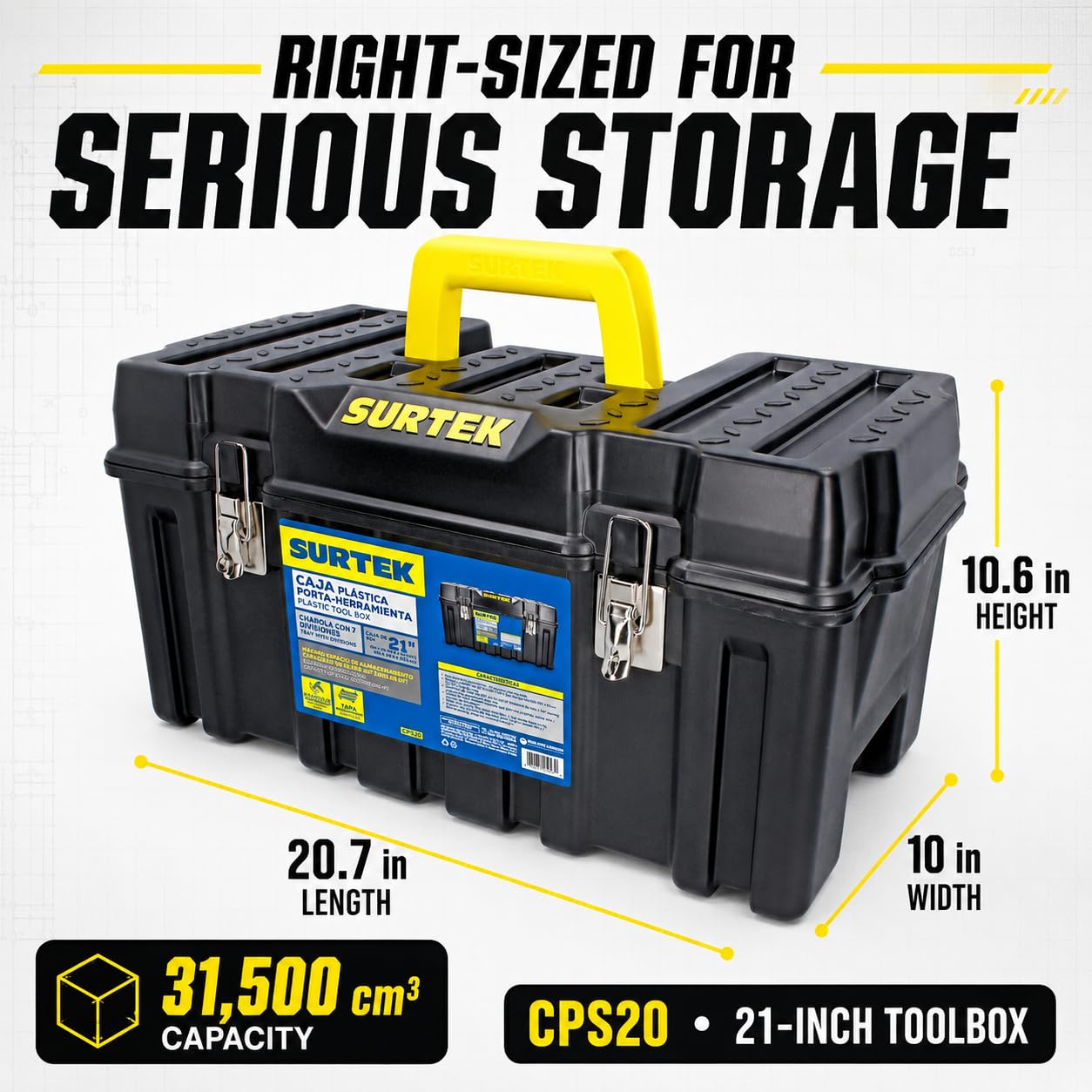 SURTEK Caja de herramientas – 21 x 11 x 10 pulgadas con construcción de plástico ABS moldeado y diseño de cierre de metal de doble cierre – CPS20, color negro
