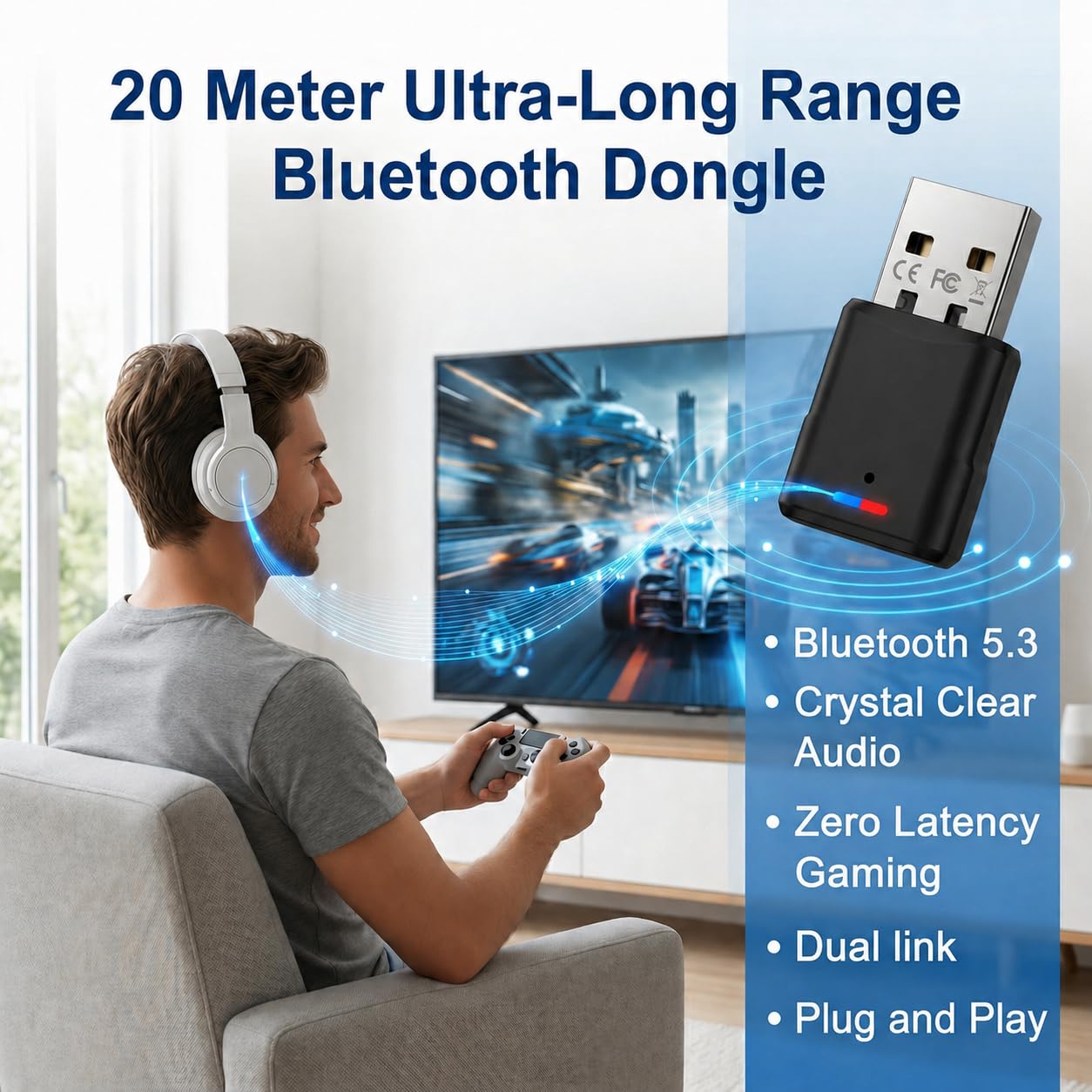 Adaptateur Bluetooth 5.3 USB pour PS5 PS4 Switch PC, Dongle Audio Faible Latence, Clé Bluetooth Plug & Play (Noir)