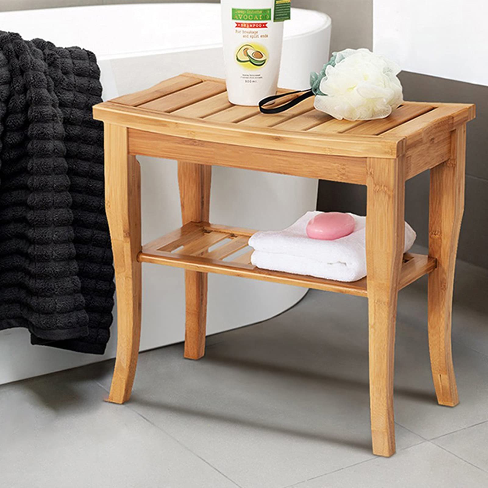 Banco de ducha de esquina de bambú, taburete de paso, taburete de baño con estante de toalla de almacenamiento, taburete de baño impermeable, asiento organizador de almacenamiento de baño de spa