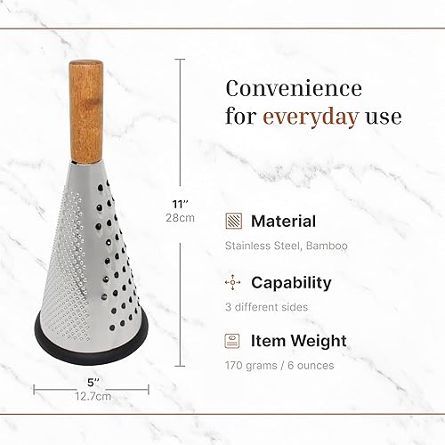 Miniatura 4 de Rallador de queso cono de acero inoxidable de 10 pulgadas con mango de madera, triturador de verduras de tres caras para rallar queso, zanahorias,
