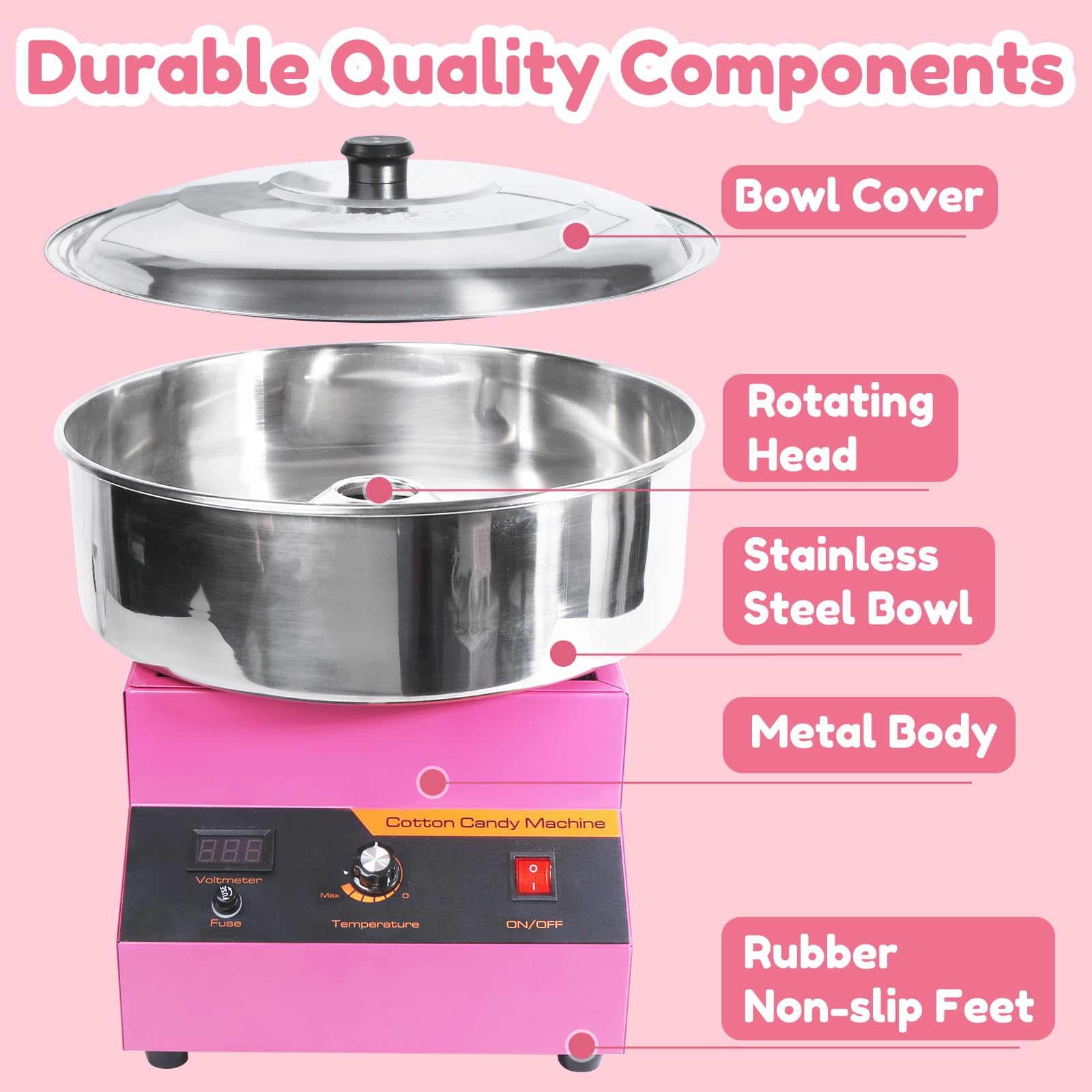Máquina profesional de algodón de azúcar de 1000 W, ideal para postres comerciales, perfecta para cumpleaños, fiestas, salones, mercados y actividades familiares. Rosa.