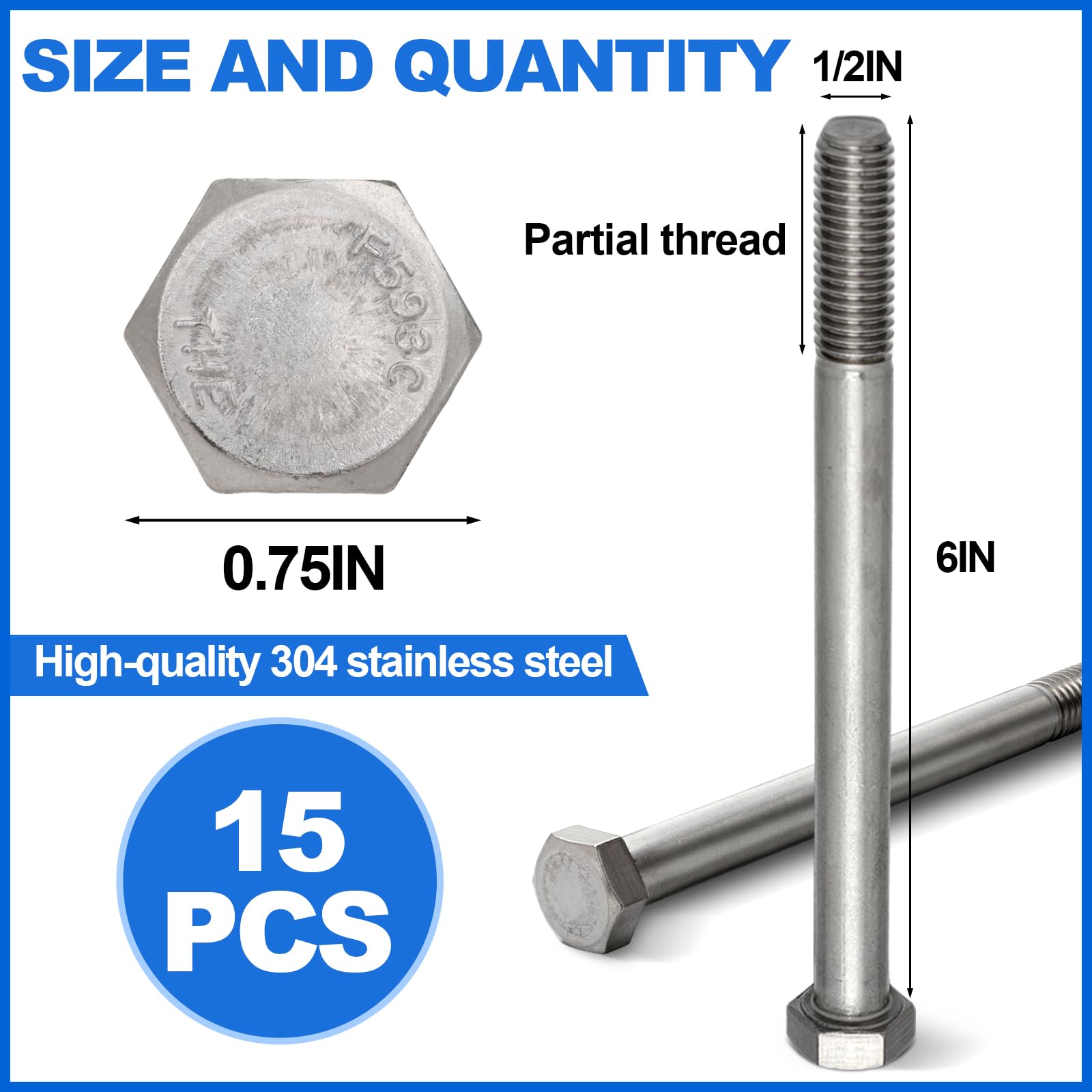 Confezione da 15 bulloni a testa esagonale da 1/2-13 x 15,2 cm, in acciaio inox 304, a mezza filettatura, viti di fissaggio per esterni bagnati, inquadrature in metallo, cemento e ringhiere