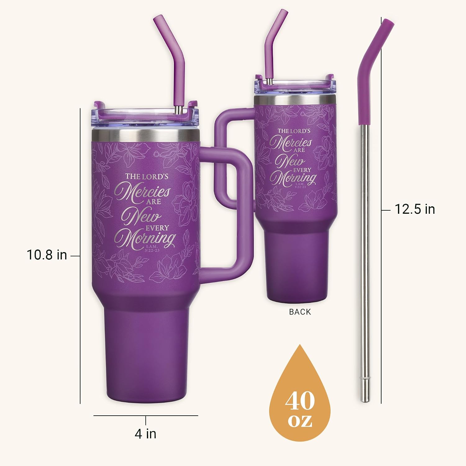 Christian Art Gifts Extra Large Inspirational Scripture Engraved Insulated Stainless Steel Travel Tumbler for Women: Mercies Are New Twist Dial Lid, Reusable Straw & Silicone Tip, Purple Floral, 40 oz