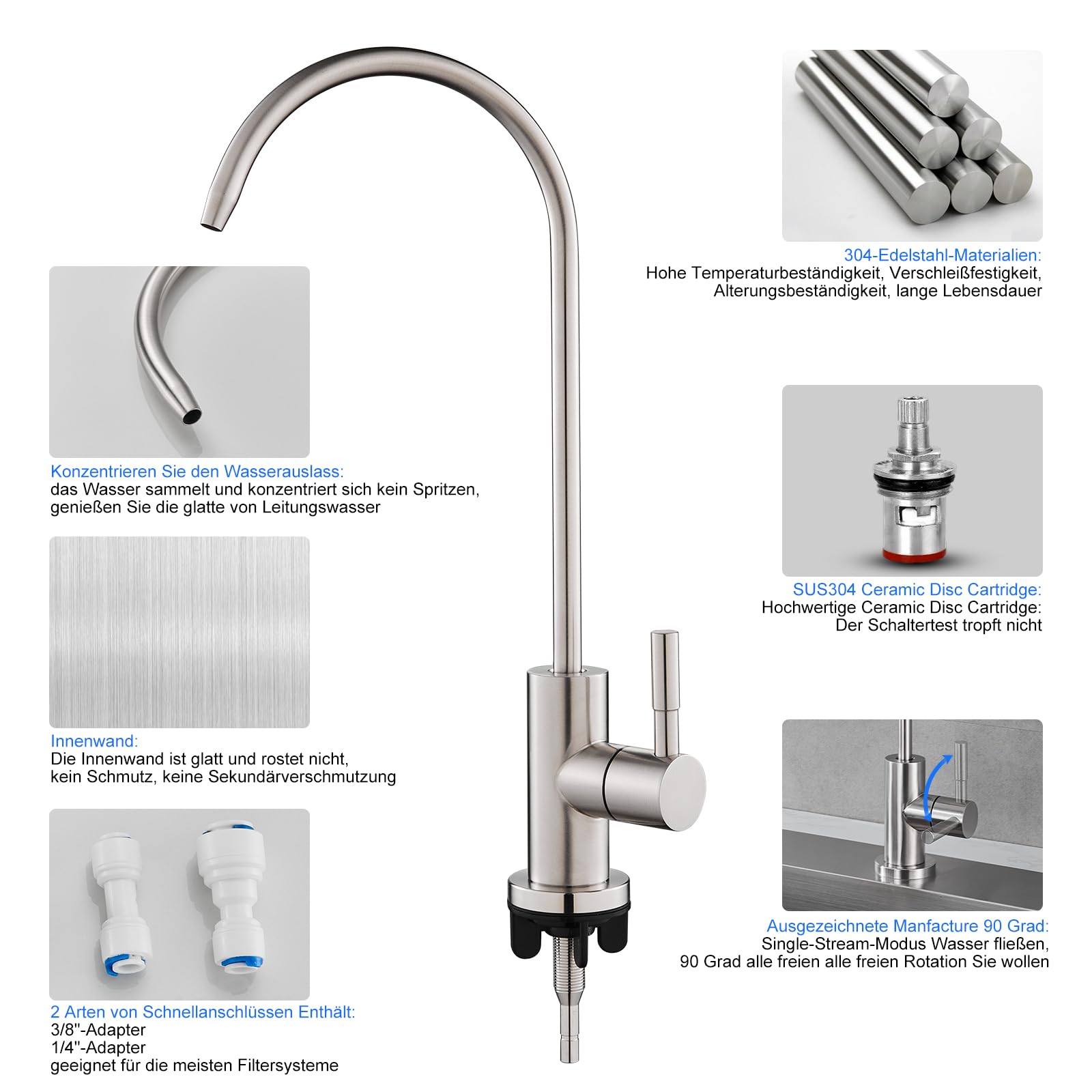 Robinet Osmose Inverse 360 KEOKBON Robinet D'Eau Potable Inox SUS304 Sans Plomb - Robinet Osmose Inverse Rotatif 360° Pour Filtration D'Eau Cuisine