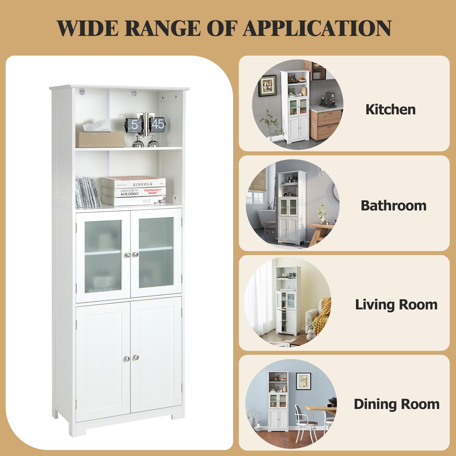 LIFEZEAL Armario Alto, Armario Independiente de Suelo con 4 Puertas, Gabinete con Estantes Ajustables, Mueble Organizador con 2 Puertas de Vidrio Templado para Baño, Cocina, Salón (Blanco)