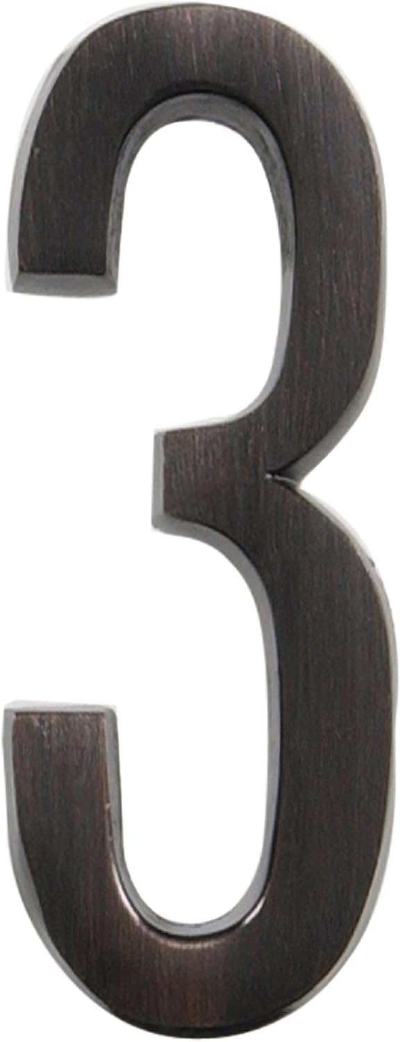 Distinctions 843257 House Number 3, Aged Bronze Zinc Self-Adhesive Address Number, Modern Outdoor Address Sign for Front Door, Mailbox, Wall, or Plaque, 4 Inches