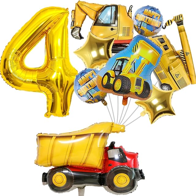 Teslite Construction Balloons 4 Year Old, 9Pcs Construction Party Supplies with 40 Inch Gold Number 4 Balloons, Large Digger Balloons Set, Happy Birthday Foil Balloons for 4th Birthday Party Decor