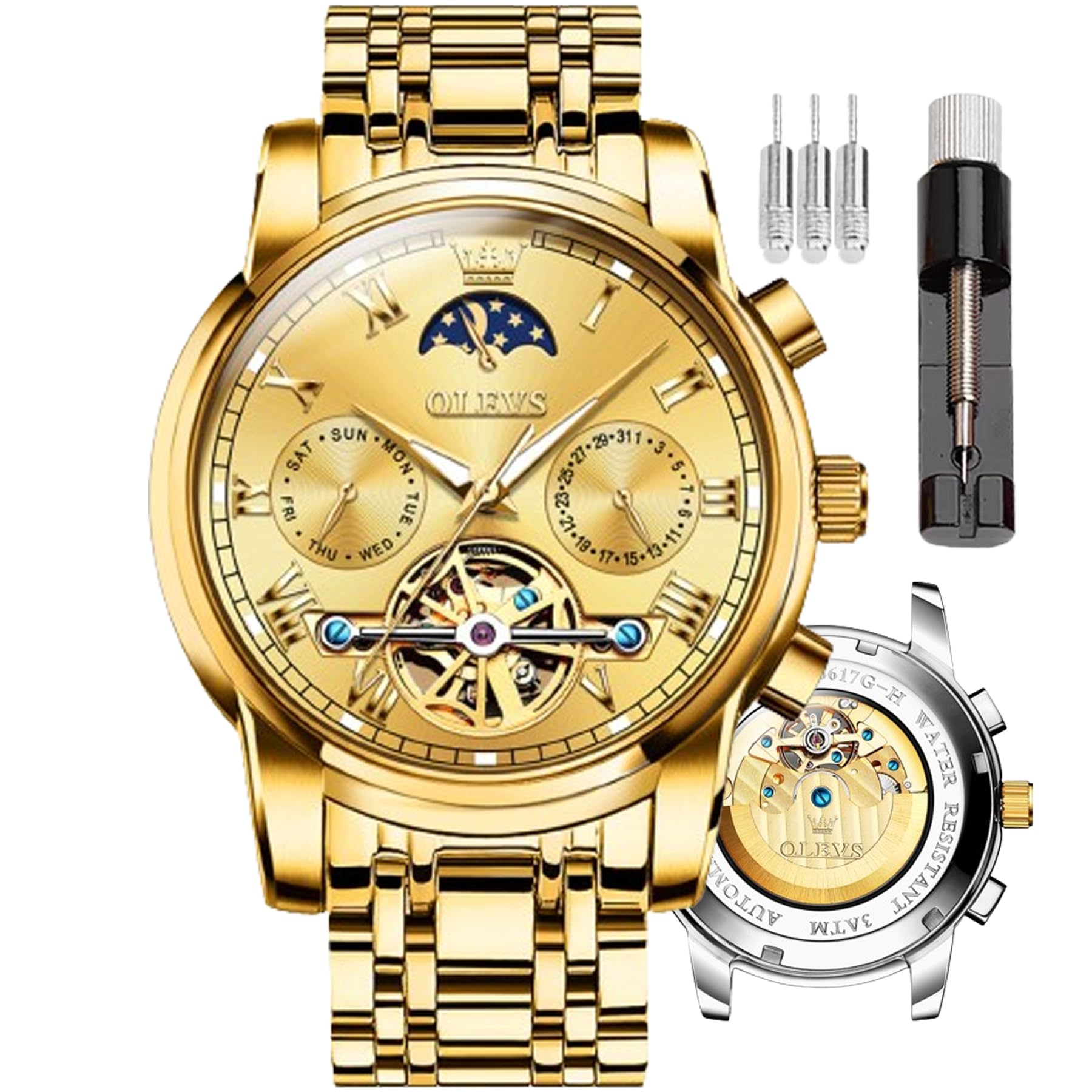 OLEVS Watches Men Automatic,Self Winding Skeleton for Men Tourbillon No Battery,Luxury Stainless Steel Watch with Date Mechanical Men's Waterproof Two Tone Gifts