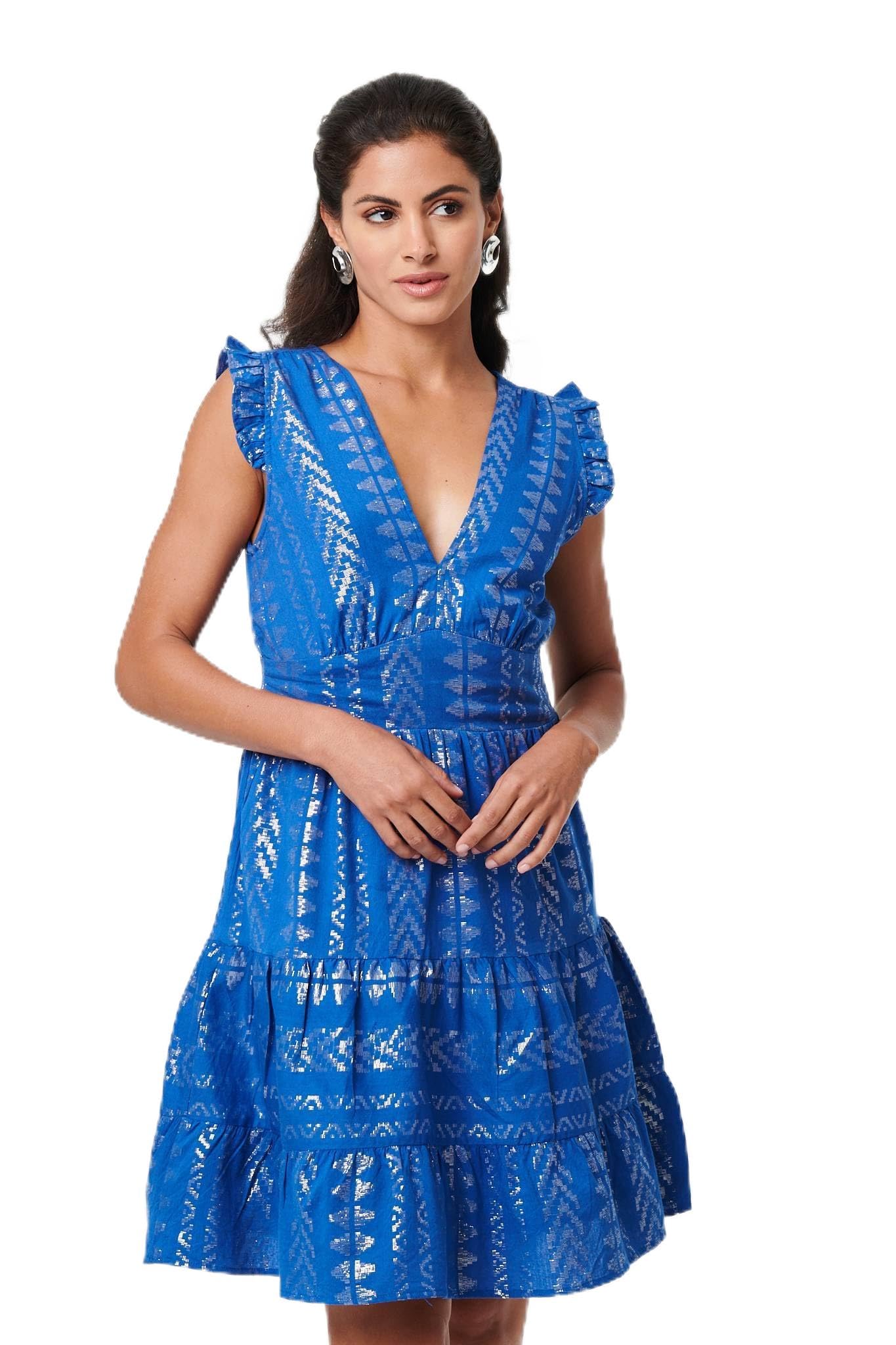 Izabel London Blue Metallic Cap Sleeve Short Skater Dress - 16