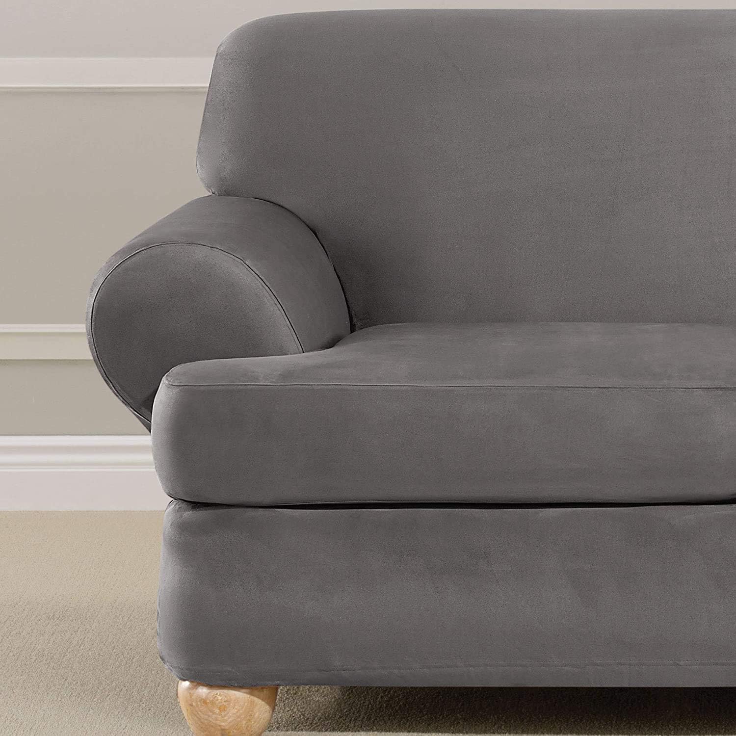 SureFit Home Décor SF44485 Ultimate Stretch Suede Individual Cushion Loveseat Slipcover, Form Fit, Polyester/Spandex, Machine Washable Three Piece Slate Gray Color : Home & Kitchen