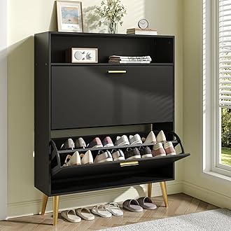 JOZZBY Shoe Cabinet Storage for Entryway, Freestanding Slim Shoe Organizer Cabinet with 2 Flip Drawers, Narrow Shoe Rack with Open Shelves for Hallway, Living Room, Black