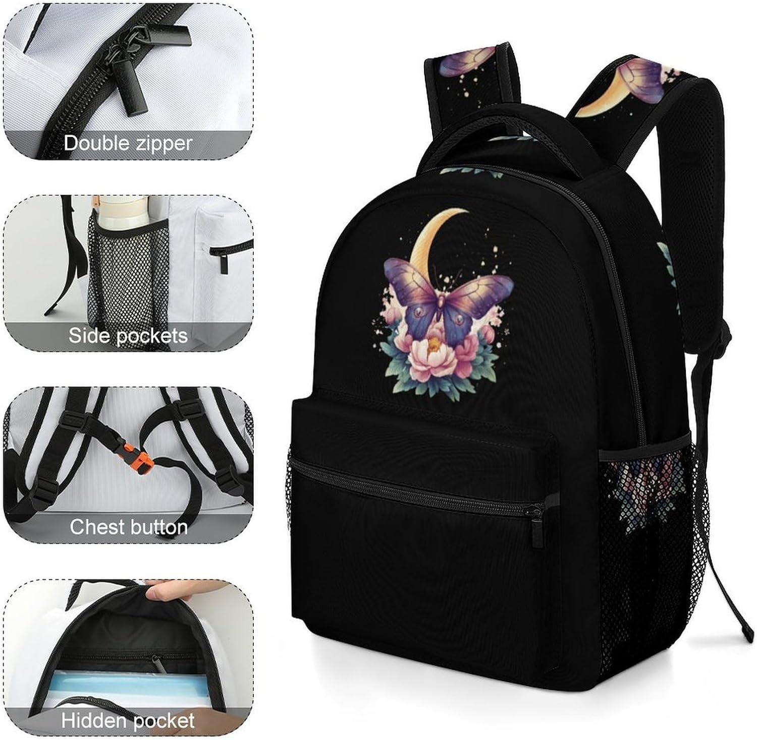 Moth Butterfly Moon Flowers Laptop Backpack Lightweight Travel Daypack Shoulder Bag for Men Women
