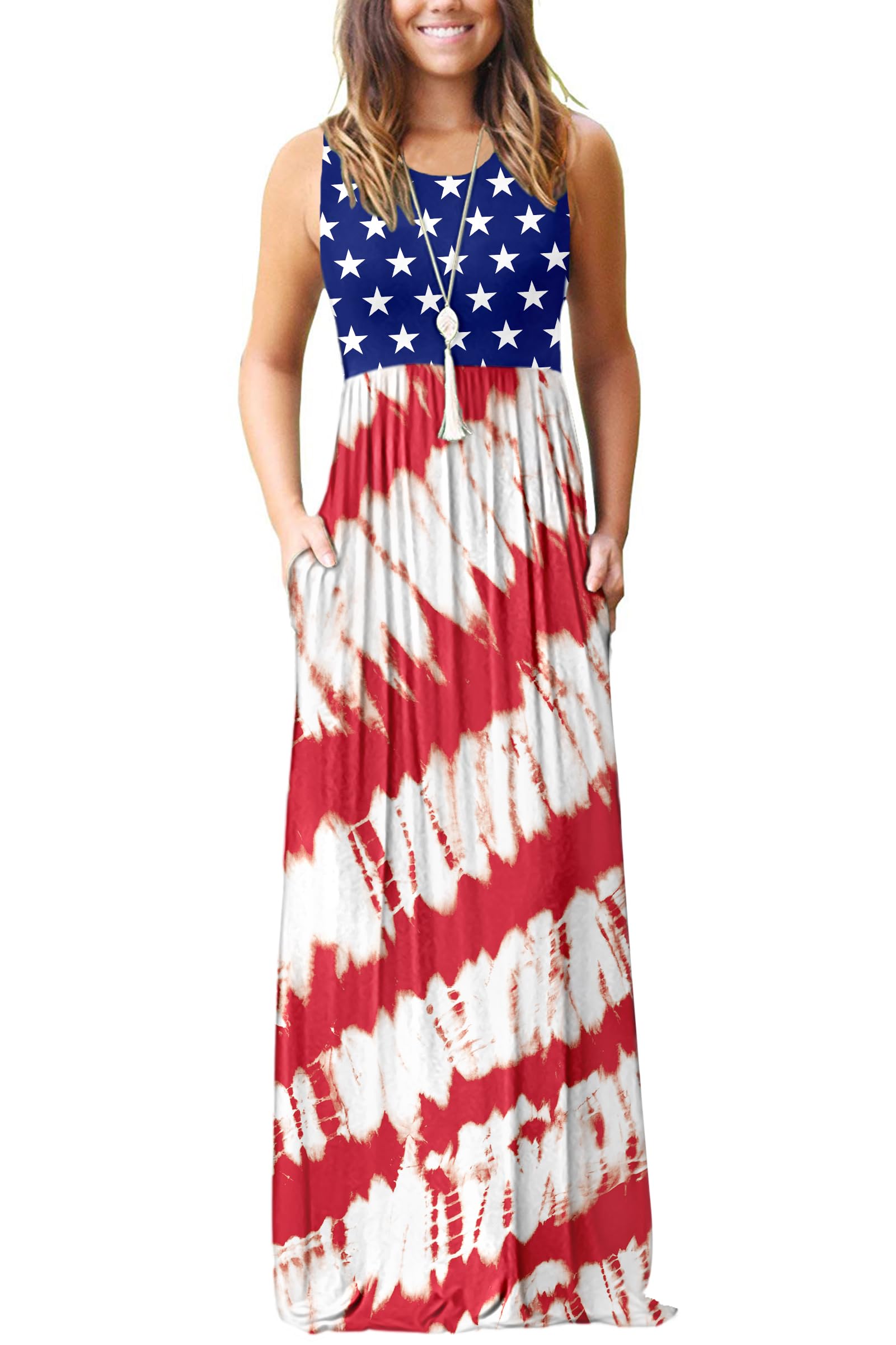 AUSELILY Women's Summer Sleeveless Loose Plain Casual Long Maxi Dresses | Year Round wear solid floral print, Casual daily wear, Empire waist, Floor length, Side pockets New