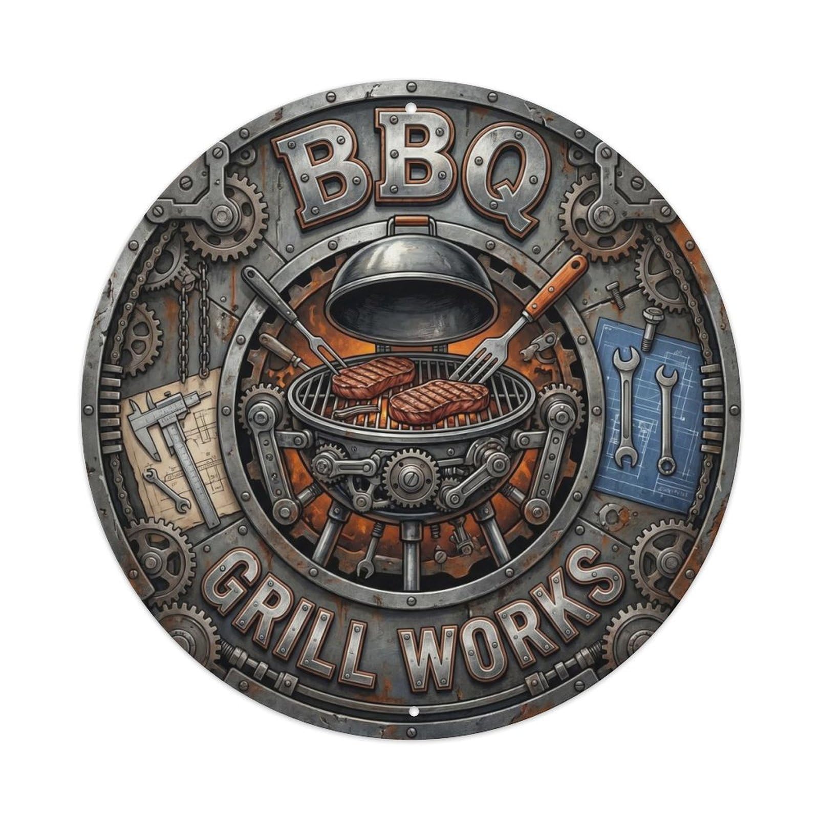 BBQ Barbecue Grill Works Vintage Metal Tin Sign Plaque Wall Decor for Cafe, Club, Garden Round Metal Poster 8x8Inch