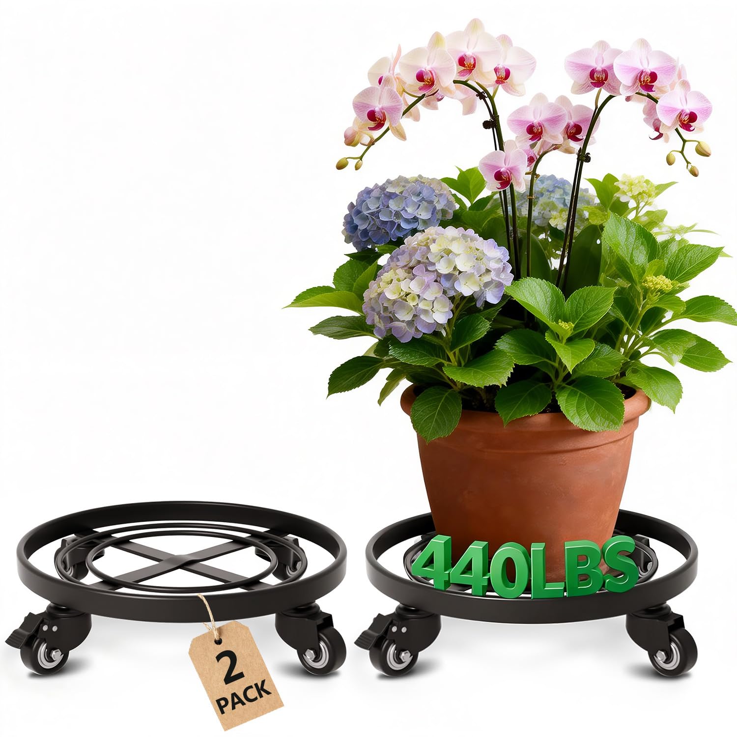 Plant Caddy with Wheels Heavy Duty 14“ 2 Pack Rolling Plant Stand Plant Dolly Iron Wheeled Lockable Casters Round Pot Mover Rollers Indoor Outdoor Planter Trolley Metal