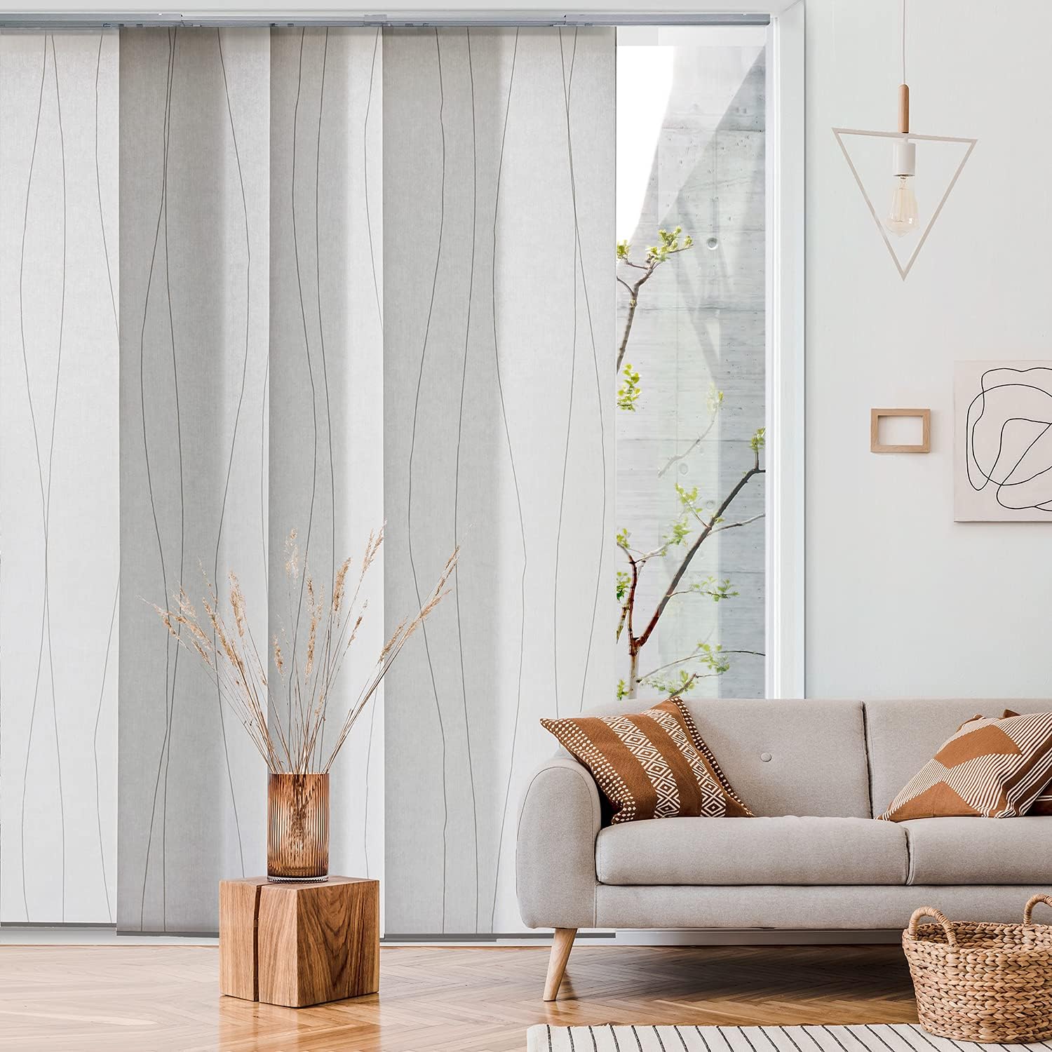 GoDear DesignDeluxe Adjustable Sliding Panel Track Blind 45.8"- 86" W x 96" H, Extendable 4-Rail Track, White Trimmable Fabric, Semi-Privacy, Catch Me