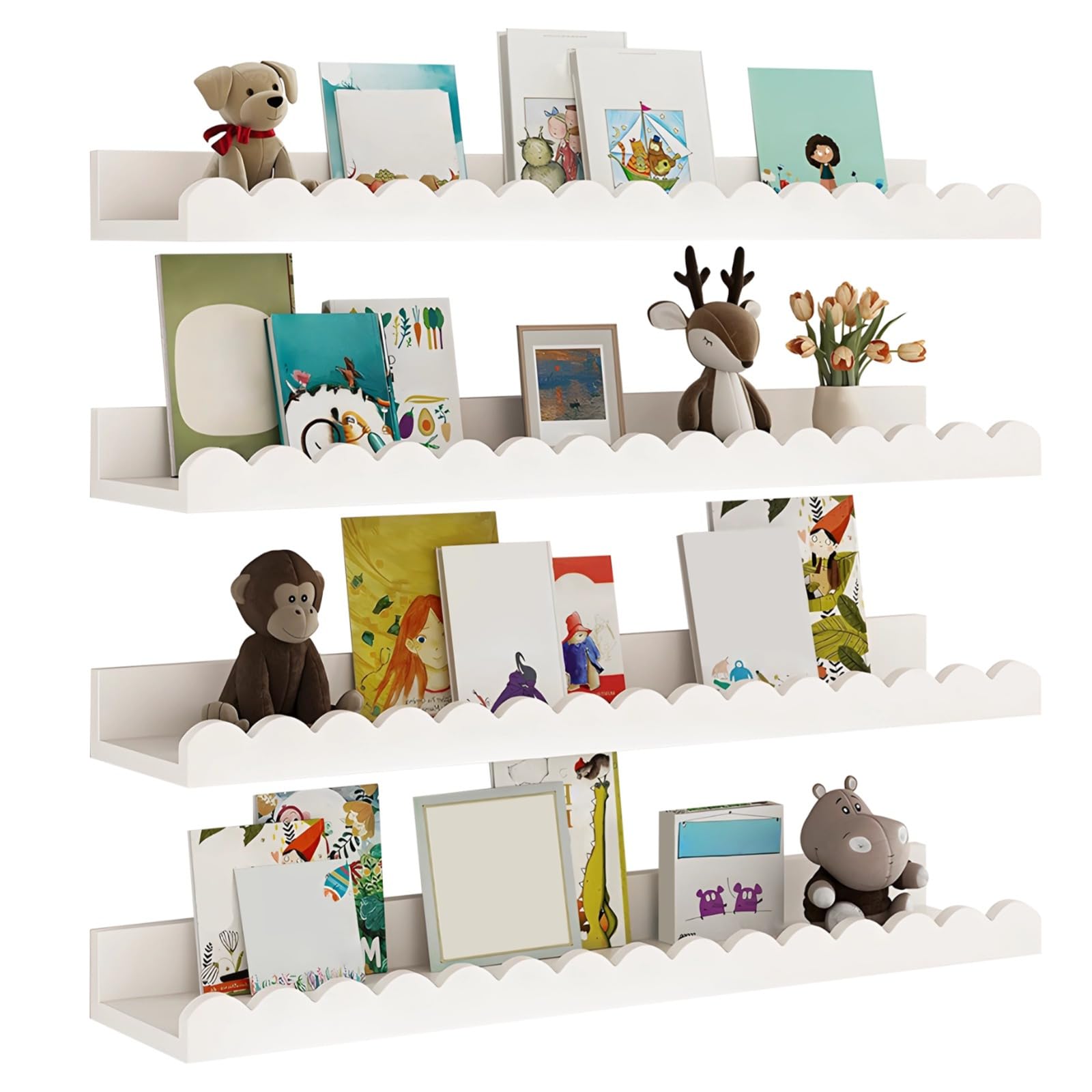 Étagères murales pour livres avec design festonné à 4 couches pour optimiser le rangement