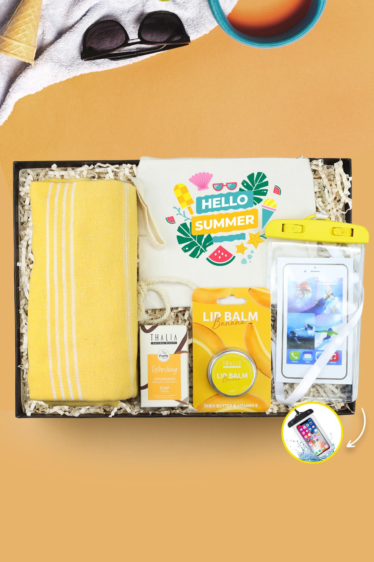 Trendmiya Bez El Çantası & Thalia LipBalm-Thalia Sabun & Peştemal & Su Geçirmez Telefon Kılıfı Hediye Seti
