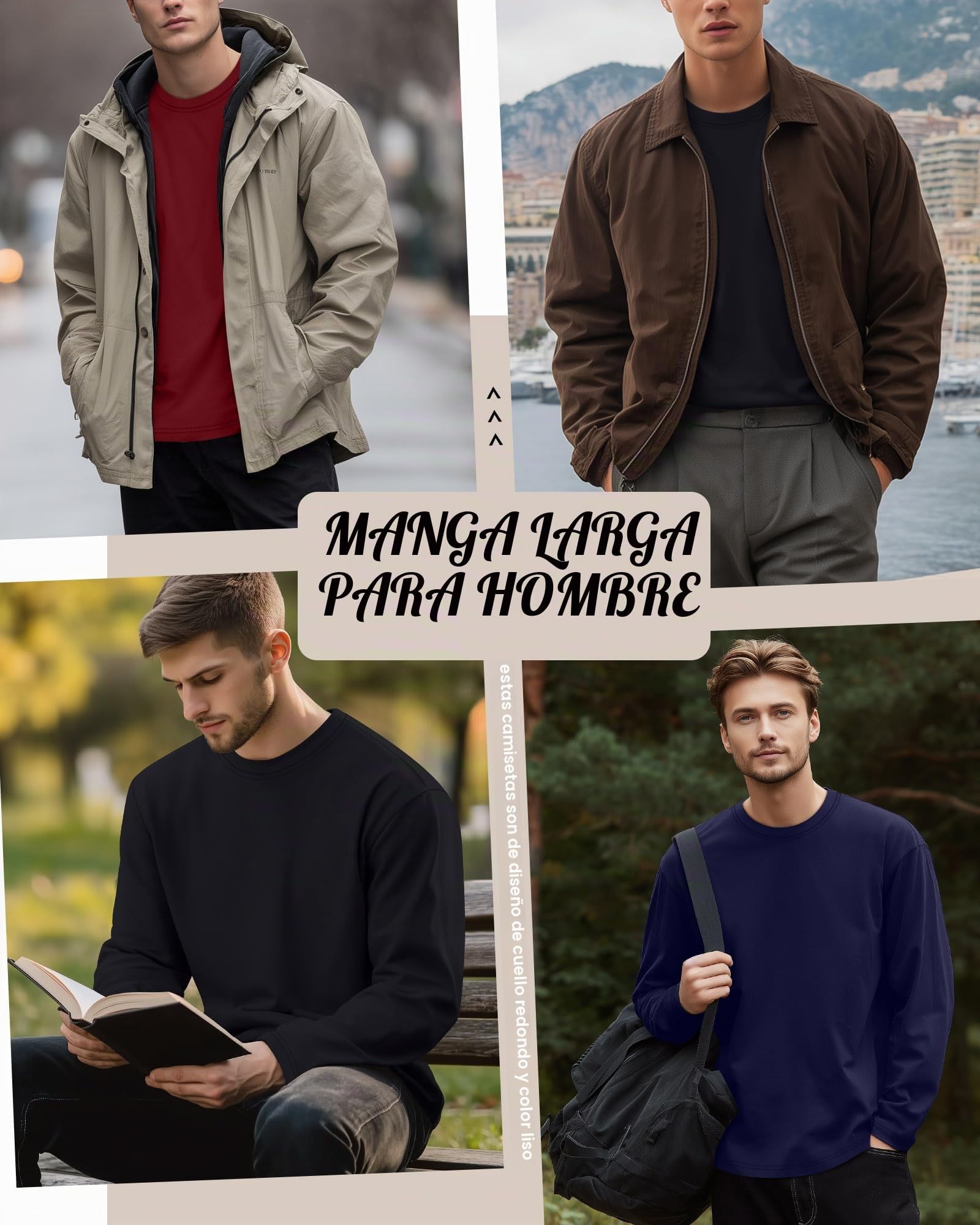 Ficerd - Paquete de 3 Camisetas de algodón de Manga Larga para Hombre, Tallas Grandes y Altas, Cuello Redondo, Talla Grande