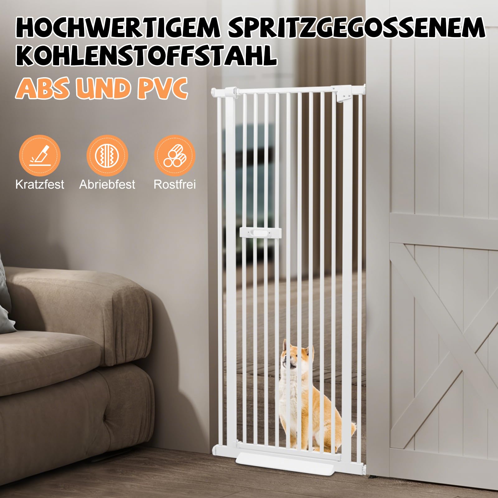 Schutzgitter für Haustiere Extra Hoch, Haustiergitter Extra Hoch mit Doppelverriegelung, 180° Türöffnung, Automatische Türschließung, Ohne Bohren (Weiß)