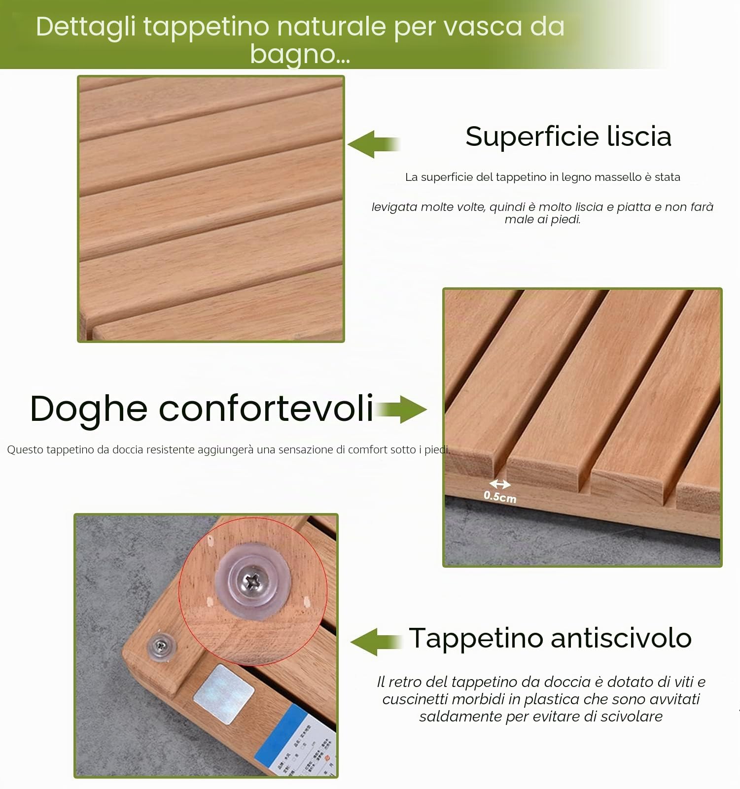 Tappetino da Doccia Antiscivolo in Teak - Tappetini da Bagno Grandi in Legno per Bagno Interno ed Esterno, pedana Quadrata/Rettangolare con Larghezza 30 40 50 70 80 cm