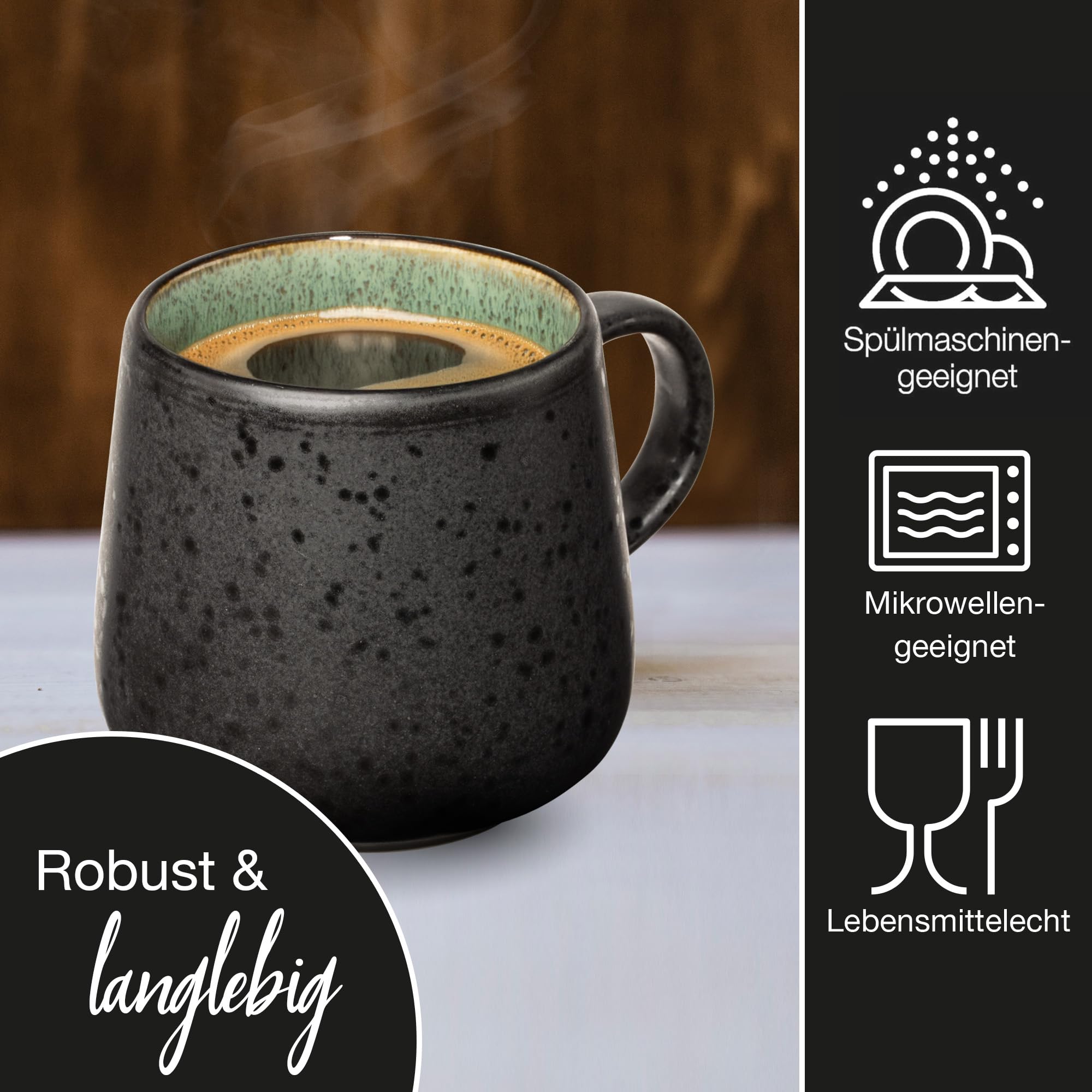Moritz & Moritz SOLID 4er Tassen Set Bunt - Kaffeebecher Set Außen Schwarz - Robustes Steinzeug - Spülmaschinen- & mikrowellenfest - Perfekt für Kaffee, Tee & mehr