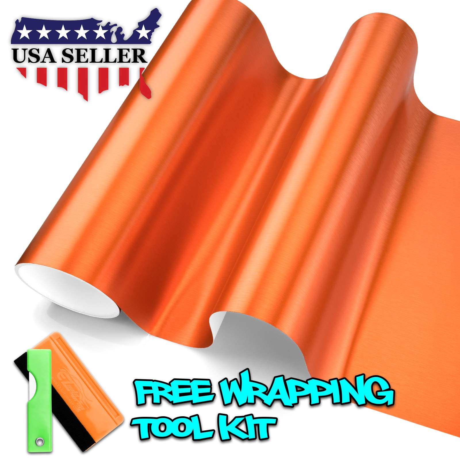 Free Tool Kit Orange Brushed Aluminum Vinyl Wrap Sticker Decal Film Sheet Air Bubble Release Channel Self Adhesive - 12