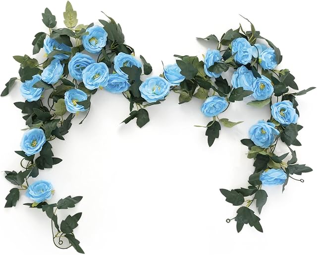 Fake Rose Vine Garland 2PCS Artificial Hanging Flowers Plants for Wedding Home Party Garden Craft Art Decor (blue)