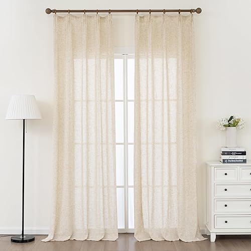 Ftinala Cortinas semitraslúcidas de lino sintético beige de 96 pulgadas de largo, cortinas plisadas de estilo bohemio para sala de estar, juego de 2 Ftinala Cortinas semitraslúcidas de lino sintético beige de 96 pulgadas de largo, cortinas plisadas de estilo bohemio para sala de estar, juego de 2