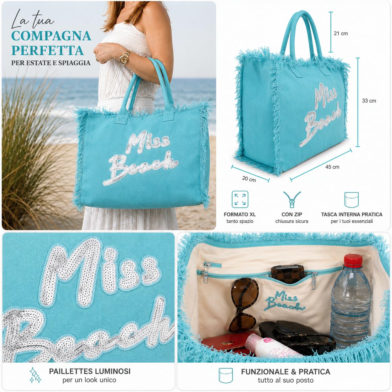 Borsa da Spiaggia Con Chiusura Zip per Vacanze - 29 o 17 Litri di Volume - Borsa Mare, da Picnic e a Tracolla in Tela