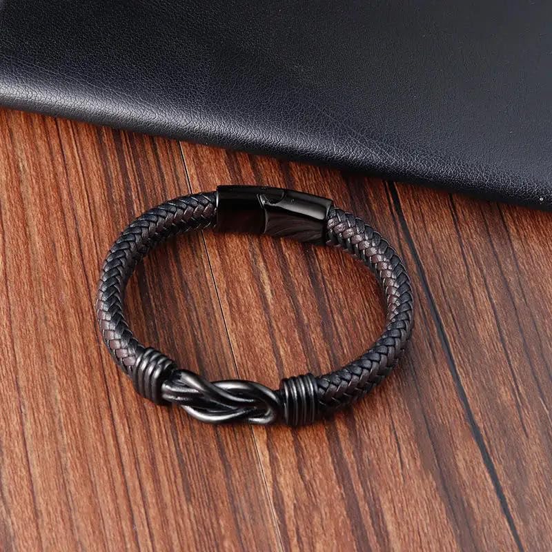 Image of THE MEN THING Leather Bracelet for Men - American Style Genuine Leather Multi-Layer Braided Bracelet with 100% Stainless Steel Magnetic Buckle for Men & Boys (8 inch)