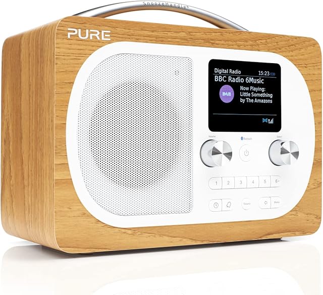 Pure Evoke H4 Portable FM/DAB+/DAB Digital Radio - DAB Radio with Bluetooth Music Streaming, Alarms, Touch-Sensitive Snooze Handle and Full Colour Display, Oak
