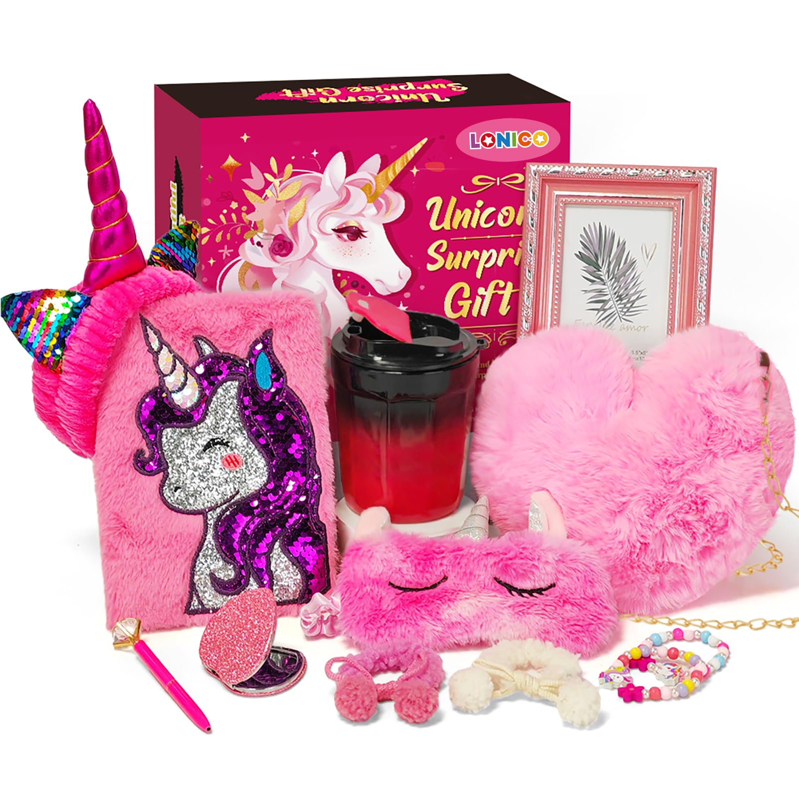 Lonico Unicorn Gifts for Girls Kids Toys 6 7 8 9 10 Years Old with Plush Purse & Diary & Phoframe & Glass & Headband & Eye Mask, Christmas Birthday Unicorn Gifts Toys for Girls 4-6-8-10 Years Old