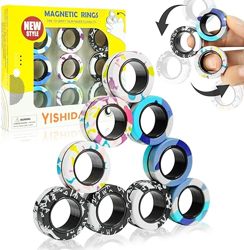 Paquete de 9 anillos magnéticos para ansiedad, anillos magnéticos para aliviar el estrés con TDAH, coloridos anillos de camuflaje mágicos para