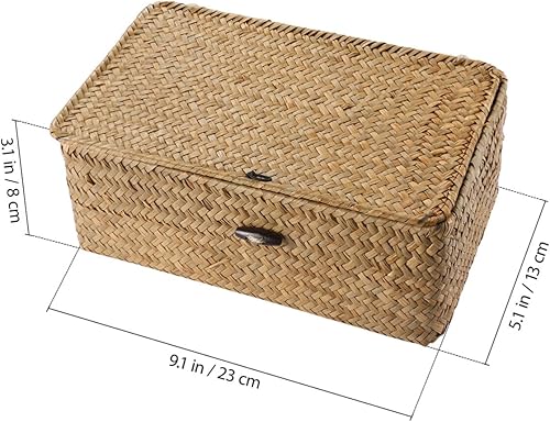 Miniatura 2 de IMIKEYA Caja de almacenamiento tejida de mimbre con tapa, cesta de pastos marinos, caja tejida a mano para el hogar, oficina, organizador de estantes