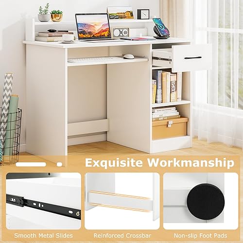 Miniatura 26 de Escritorio para computadora con cajones, mesa de estudio con estantes de almacenamiento, bandeja para teclado, mesa de tocador de maquillaje de