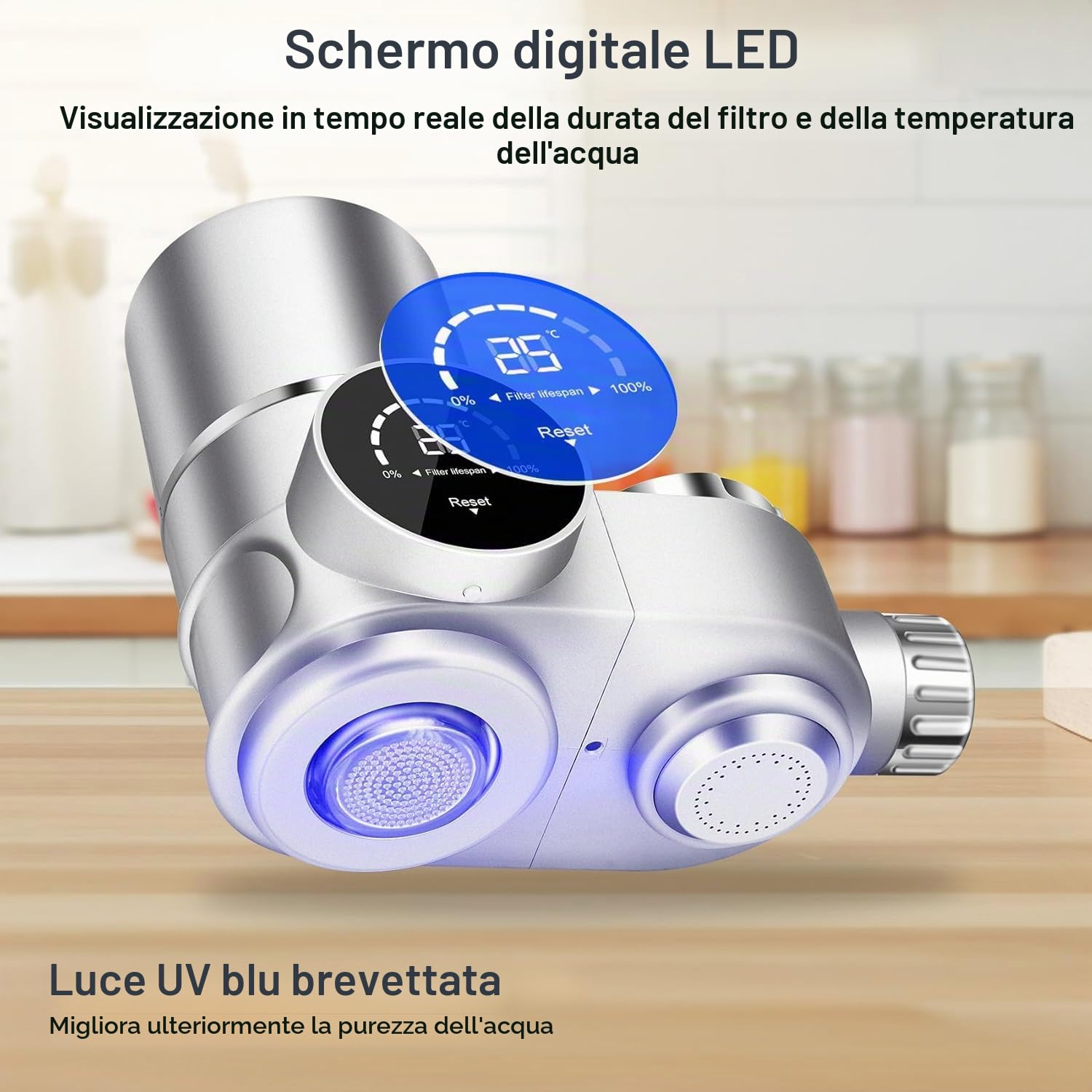 Filtro acqua rubinetto con 3 cartucce, Sistema di Filtro Dell'acqua con UV luce e display LED, Rimuove piombo, cloro e metalli pesanti