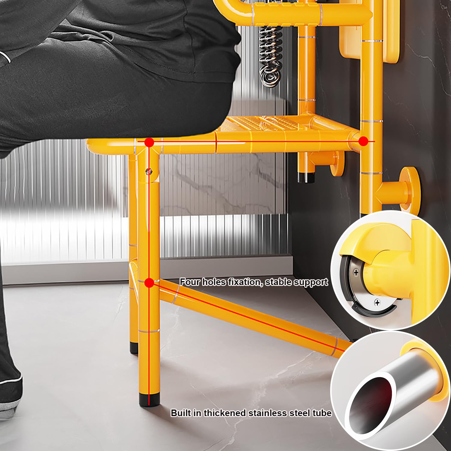Asiento de Ducha Montado en la Pared para Personas Mayores | con 4 Patas,Plegable,Luminoso,Acero Inoxidable,Panel Reforzado,Requiere Perforación,Antideslizante,Soporta 300 kg
