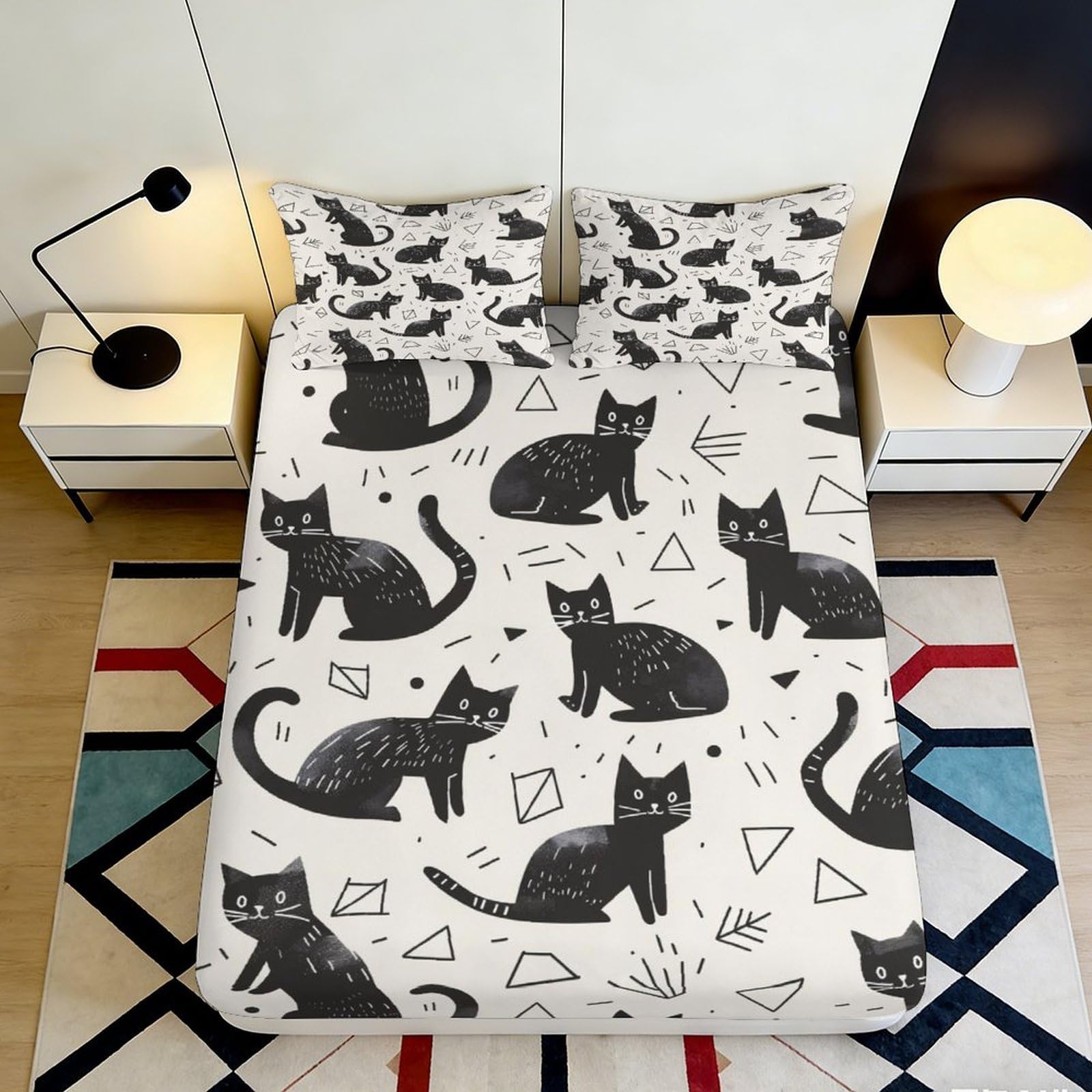 3D Printed Black Cat Pattern Fitted Sheet Microfiber Soft Breathable Geometric Bed Cover for Bedroom Dormitory Guest Room Mattress Protection 180x200x25cm