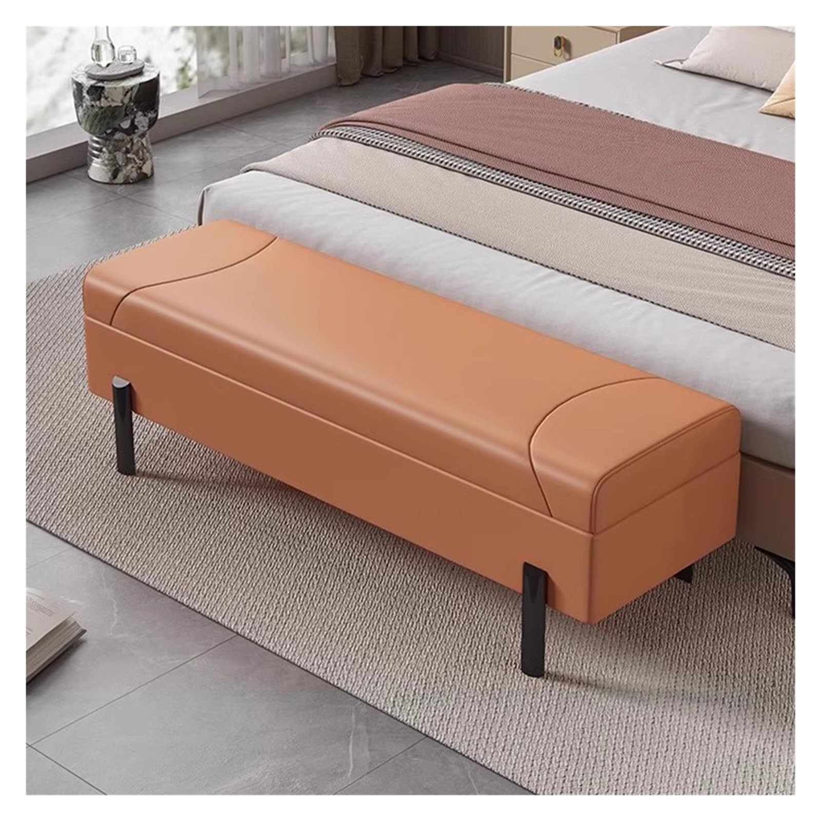 LWJSOCP Faux Leather Ottoman Bench with Seat & Footrest Modern MidCentury Entryway Shoe Storage Stool for Living Room Stylish 100CM Footrest Bench