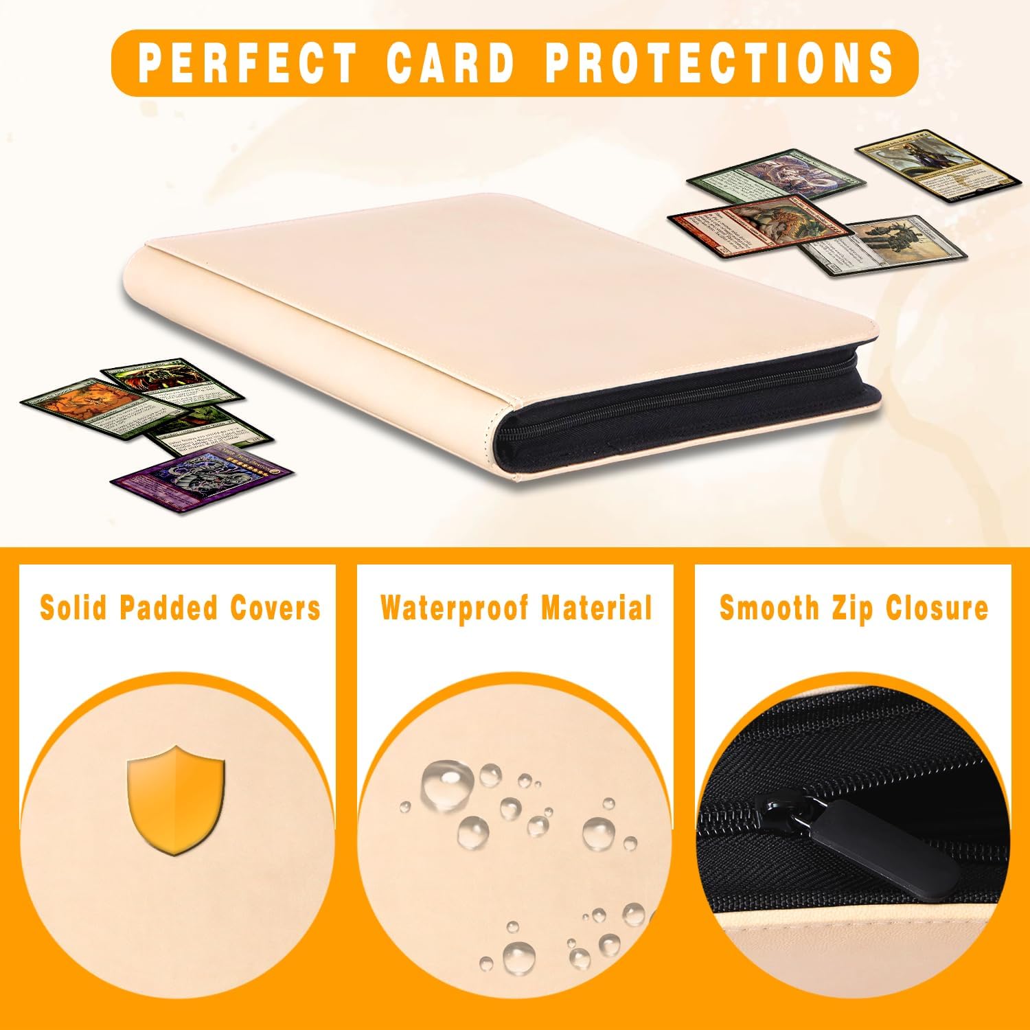 3 Rings Trading Card Without Sleeves Binder,Card Collection Binder with Zip,Collector Card Binder,PU Leather Card Holder Album for MTG,TCG,CCG,Game,Sports Cards,Nice Card Collector Gifts(Beige)