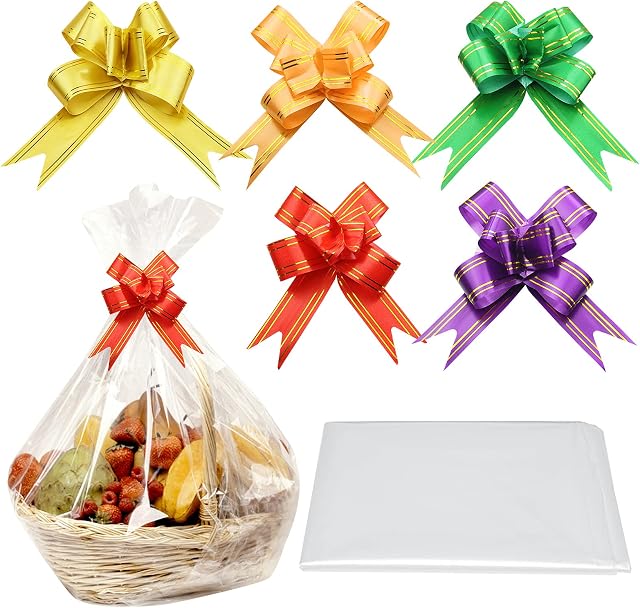 5 Pcs Large Cellophane Wrap for Hampers,5pcs Pull Bows for Hampers, Celefane Gift Wrap for Hampers Bags XL Cellophane Bags for Hampers Hamper Plastic Wrap Hamper Baskets for Gifts Kit
