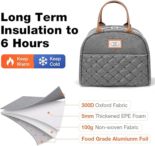 Miniatura 5 de Lekesky Lonchera para mujer, lonchera aislada, bonita bolsa de almuerzo a prueba de fugas para el trabajo de adultos, color gris