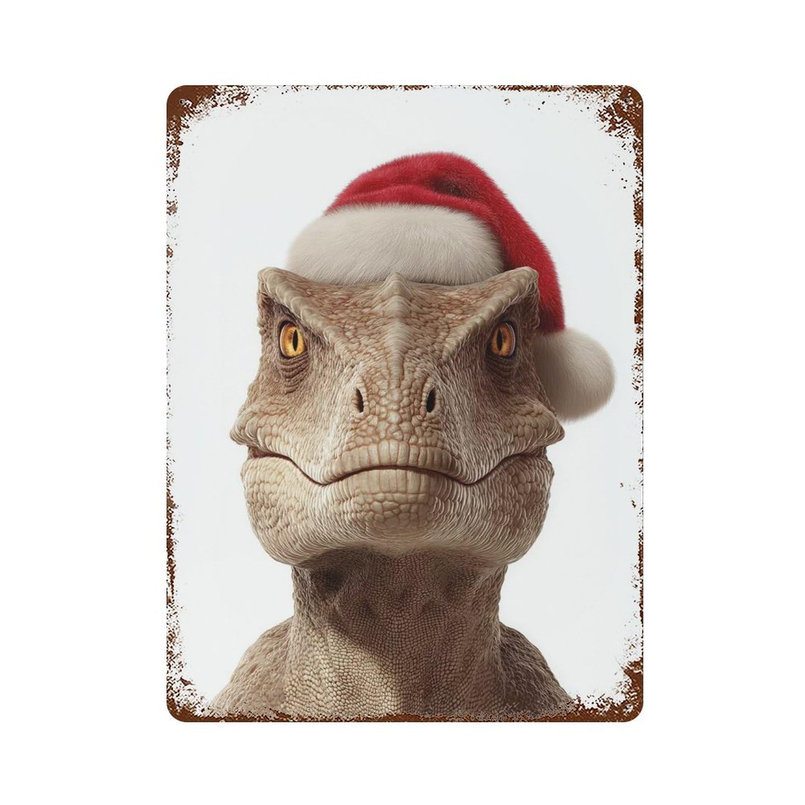 Christmas Dinosaur with Santa Hat Rustic Tin Plaque 15.7"x11.8", Ideal for Shed, Workshop And Garage Wall Decor