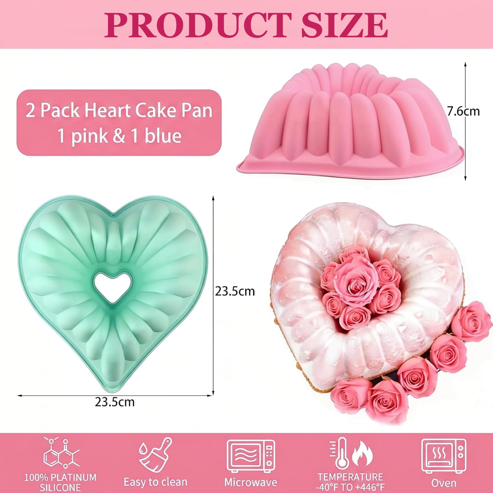 2 Pezzi Stampo per Torta a Forma di Cuore, 23.5 cm Stampo Ciambella in Silicone, Stampo Ciambellone Antiaderente per San Valentino, Matrimonio, Compleanno, per Dessert (Rosa e Verde)