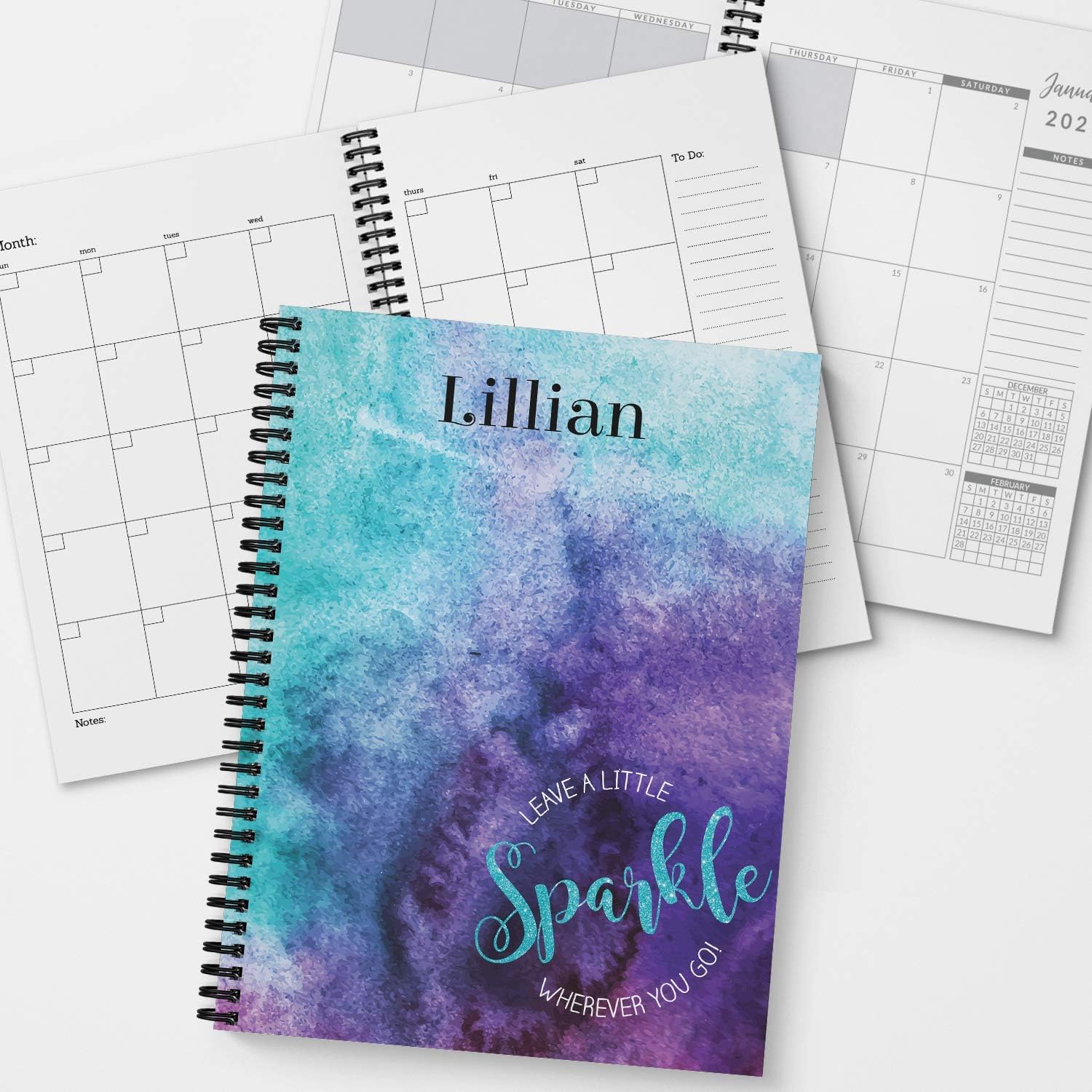 Sparkle Personalized Inspirational Monthly and Weekly Softcover Planner and Organizer, 1 full year, January-December DATED or UNDATED OPTION, 5.5" x 8.5", lay flat wire-o spiral binding
