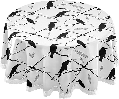 Miniatura 29 de Decoración de mesa para fiesta Gunge negro notas musicales, mantel redondo de poliéster musical retro, mantel redondo de encaje blanco de 60 Notas