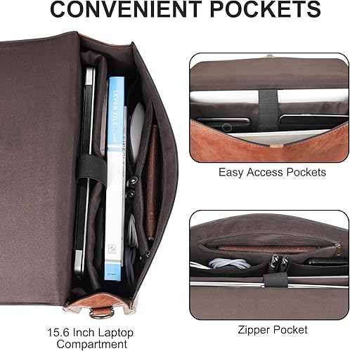 Miniatura 3 de ESTARER Maletín de cuero para hombre de 15.6 pulgadas, bolsa de mensajero para computadora portátil, bolsa de hombro para computadora profesional de